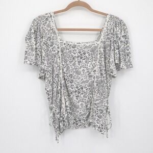 Lucky Brand Flutter Sleeve Top Womens M White Boho Prairie Peasant Hippie Floral